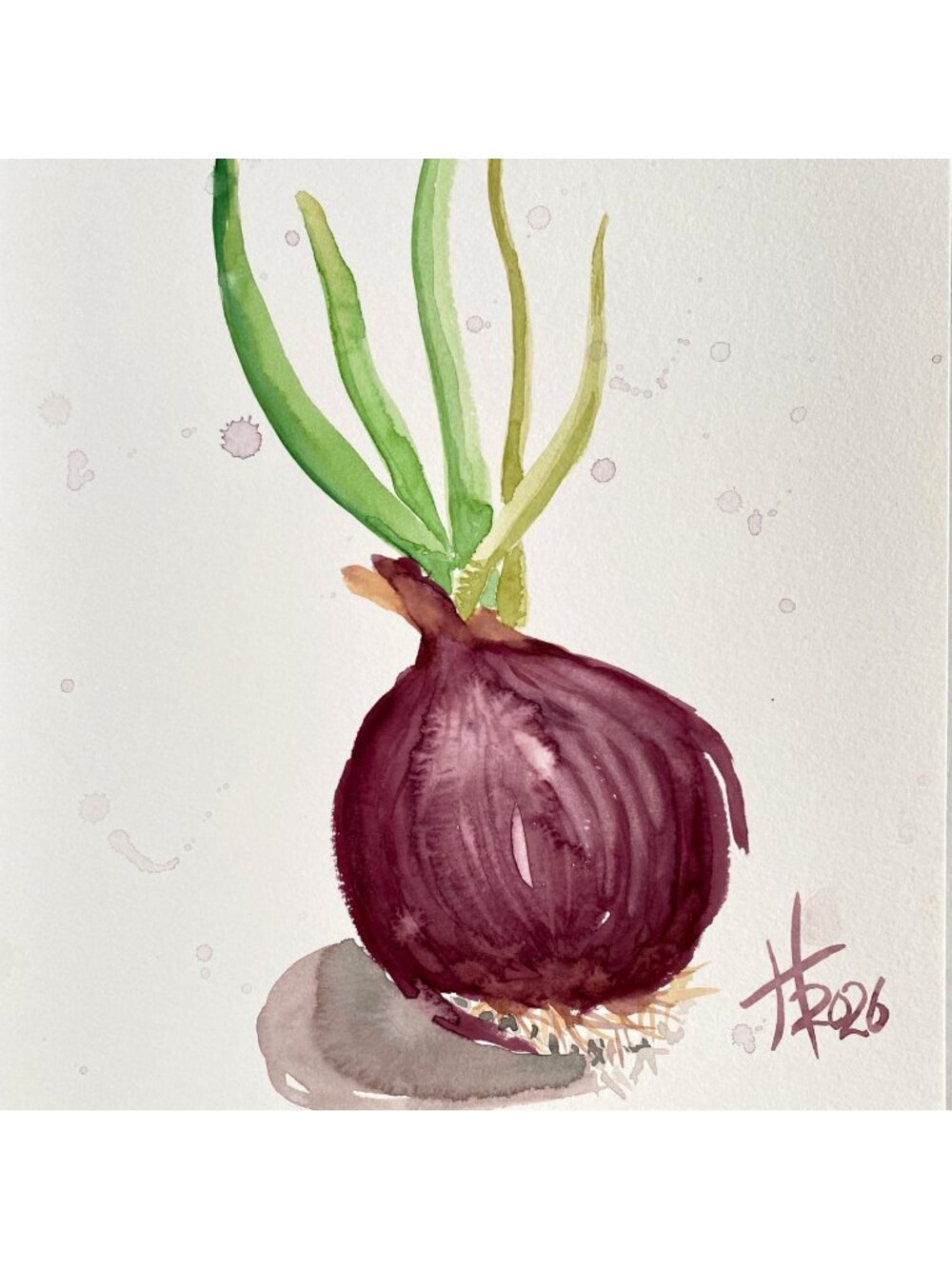 Red Onion Sprouting Original Art Watercolor Painting 11x14in Matted Frame Ready